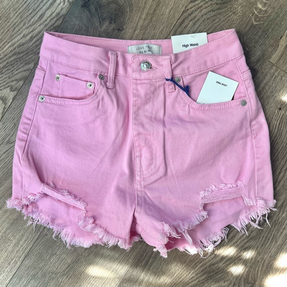 Love Tree High Waist Pink Frayed Shorts
